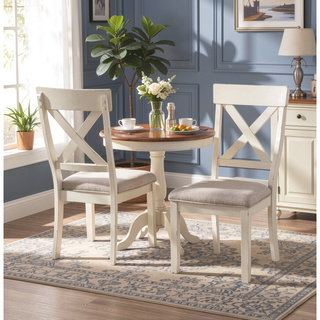 Sunvega Antique White Wood Cross Back Upholstered Dining Chairs with Light Tan Fabric