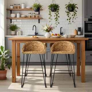 Sunvega Water Hyacinth Bar Stools 2pc Set with Woven Fiber Seat and Metal Footrest