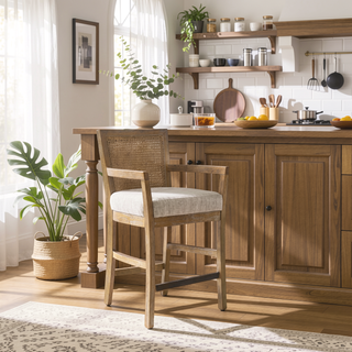 Sunvega Reclaimed Natural Finish Solid Wood Cane Back Counter Stool with Upholstered Seat