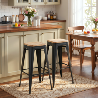 Sunvega Oregon Contemporary Bar Stool in Black Steel and Natural Wood Set of 2
