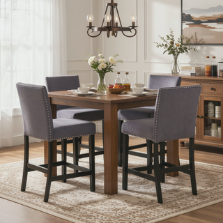 Sunvega Gray Velvet Counter Stools with Nailhead Trim and Floor Protectors Set of 2