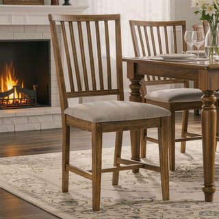 Sunvega Weathered Oak Slat Back Side Chairs with Tan Linen Upholstered Seat Cushions
