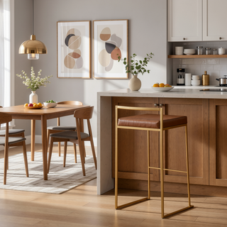 Sunvega Gold and Camel Faux Leather Upholstered Fixed Bar Height Stools Set of 2