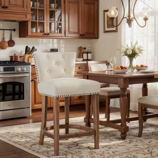 Sunvega Brown Wooden Bar Stools with Cow Top Leather Upholstered Seat and Backs