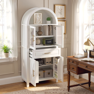 Sunvega Farmhouse Arched Glass Door Pantry Cabinet with Adjustable Shelves for Kitchen
