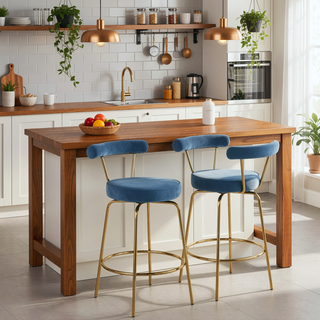 Sunvega Gold Metal Frame and Blue Velvet Upholstery Counter Stool Set of 2