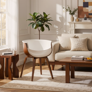 Sunvega Mid-Century Modern Dining Accent Chair with Walnut Wood Legs and Cream Faux Leather