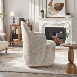 Sunvega Ivory Polyester Upholstered Swivel Barrel Chair with Cocoa Wood Base
