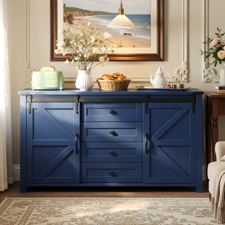Sunvega 55.1-Inch Farmhouse Sideboard with Sliding Barn Doors and 4 Drawers