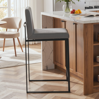 Sunvega Contemporary High Back Counter Stool with Padded Seat and Backrest in Black Steel and Grey Faux Leather - Set of 2
