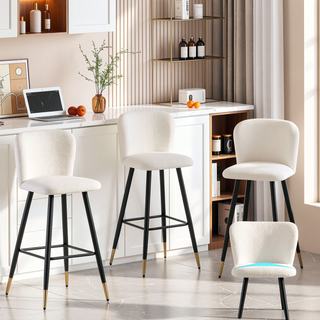 Sunvega Modern Barstool with White Fabric Seat and Black Gold-Tipped Metal Legs