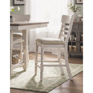 Sunvega Antique White Finish Wooden Counter Height Chair with Light Gray Fabric Upholstered Seat