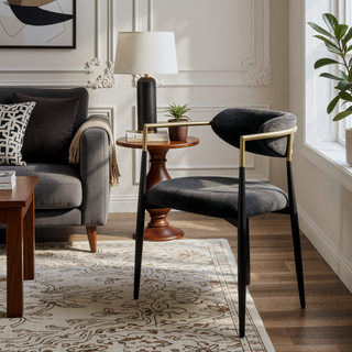 Sunvega Black Chenille Side Chair with Golden Armrests and Padded Seat Set of 2