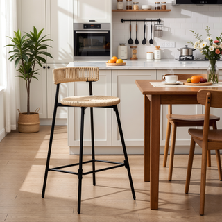 Sunvega Hand Woven Paper Rope Bar Stools with Backrest and Footrest for Kitchen Island