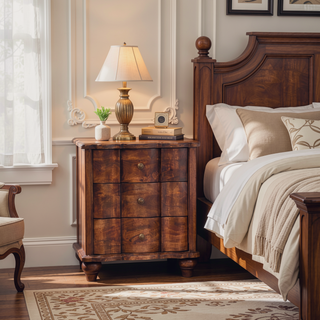 Sunvega Handcrafted Solid Mango Wood Valencia Bedside with 3 Drawers in Warm Roasted Almond Tone