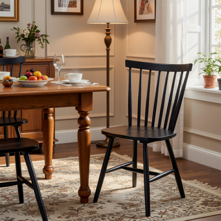Sunvega Black Wood Dining Side Chair with Contoured Seat and Spindle Back