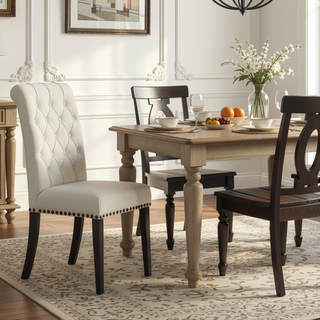 Sunvega Sand and Rustic Espresso Tufted Side Chairs with Rolled Backrest and Padded Seat