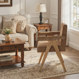 Sunvega Chenille & Oak Side Chair with Padded Seat and Back Cushion Set of 2