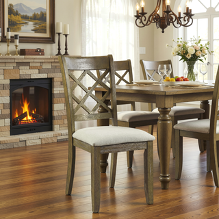 Sunvega Farmhouse Lattice Back Side Chairs in Beige and Rustic Oak Set of 2