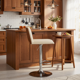 Sunvega Adjustable Swivel Cream Faux Leather Bar Stool with Walnut Back