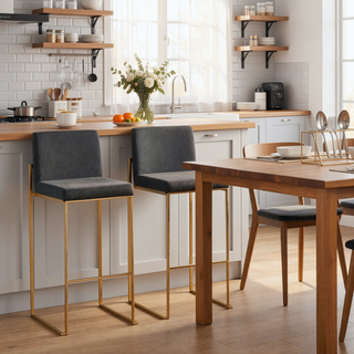 Sunvega Gold Steel and Charcoal Fabric High Back Barstool with Padded Seat