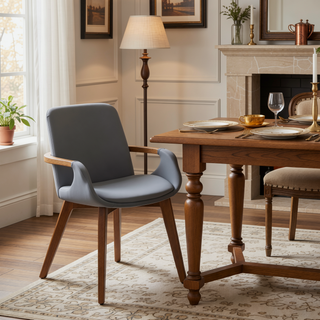Sunvega Mid-Century Modern Chair with Walnut Wood Legs and Grey Faux Leather