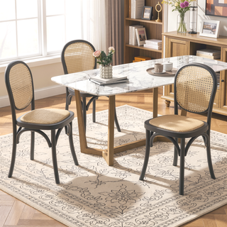 Sunvega Vintage Rattan Dining Chairs with Birch Wood Frame Set of 2