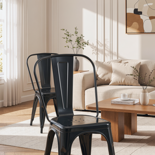 Sunvega Set of 4 High Gloss Black Industrial Metal Dining Chairs with 18 Inch Seat Height