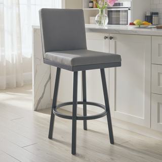 Sunvega Modern Black Metal and Gray Faux Leather Swivel Bar and Counter Stool