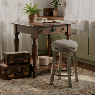 Sunvega Textured Grey Upholstered Swivel Counter Stool with Distressed Frame