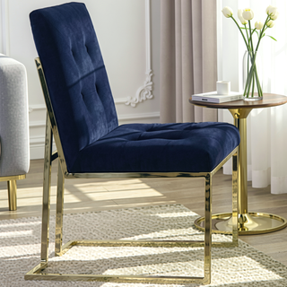 Sunvega Bold Blue Upholstered Dining Chair with Metallic Gold Accents and Button Tufting