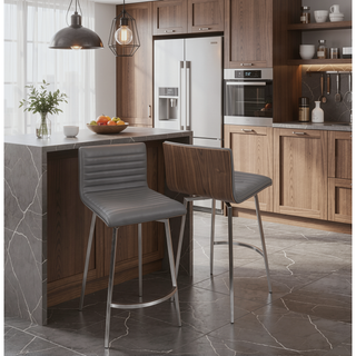 Sunvega Mason Contemporary Swivel Counter Stool with Tufted Seat and Walnut Wood Back