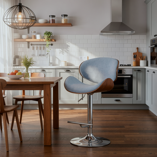 Sunvega Bentwood Adjustable Swivel Bar Stool in Denim Blue Linen Fabric
