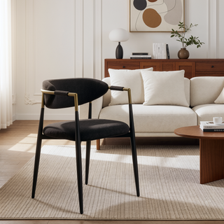 Sunvega Black Chenille Side Chair with Golden Armrests and Padded Seat Set of 2