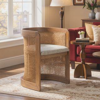 Sunvega Curved Rattan Upholstered Dining Chair with Stain Resistant Fabric and Rubberwood Frame