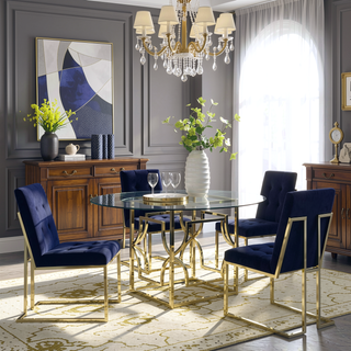 Sunvega Bold Blue Upholstered Dining Chair with Metallic Gold Accents and Button Tufting
