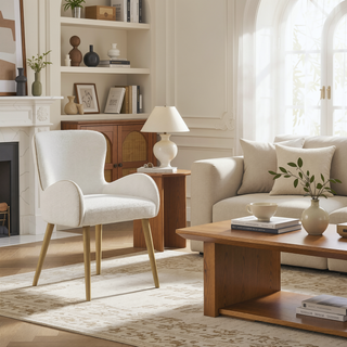 Sunvega Beige Boucle Upholstered Side Chair with Oak Finish and Metal Legs