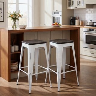 Sunvega Industrial Farmhouse Stackable Bar Stools in Vintage White and Espresso