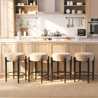 Sunvega Mid-Century Modern Kitchen Stools Set of 4 with White Boucle Upholstery and Metal Base