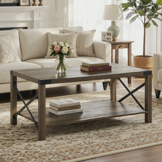 Sunvega Rustic Oak Finish X Shape Slat KD Rectangular Coffee Table