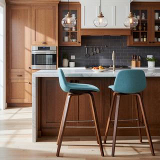 Sunvega Mid Century Modern Bentwood Counter Bar Stools with Aqua Blue Fabric Set of 2