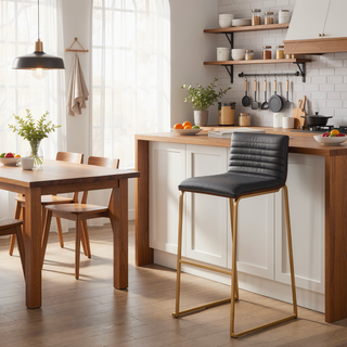 Sunvega Mason Mara Contemporary Fixed-Height Barstool with Gold Metal Walnut Wood Grey Faux Leather