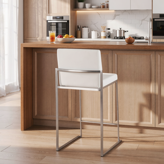 Sunvega Fuji High Back Counter Stool Set of 3 in White Velvet and Stainless Steel