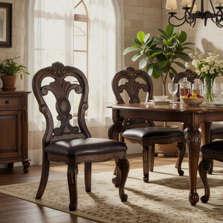 Sunvega Traditional Dark Brown Solid Rubberwood Side Chairs with Ornate Corbels