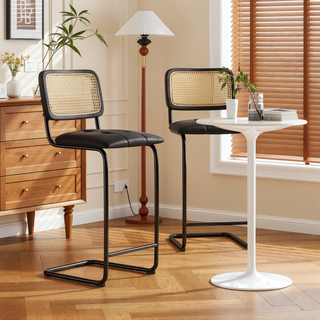 Sunvega Cantilever Rattan Back PU Leather Bar Stools Set of 2 for Kitchen