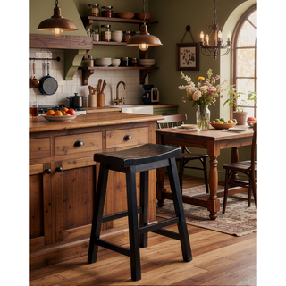 Sunvega Black Finish Bar Height Solid Wood Saddle Seat Stools Set of 2