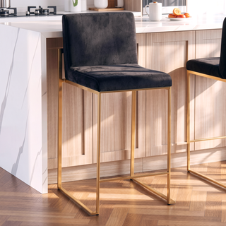 Sunvega Gold Steel and Black Velvet Contemporary High Back Counter Stool Set