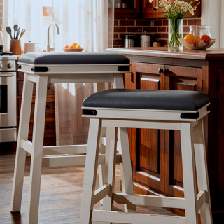 Sunvega Antique White Finish Counter Stool with Black Leather Seat