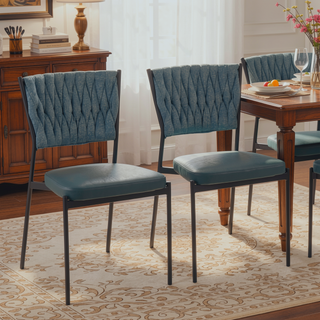 Sunvega Contemporary Braided Tania Chair with Faux Leather Upholstery and Black Metal Legs