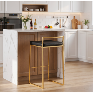 Sunvega Glam Contemporary Barstool with Black Faux Leather and Gold Frame Set of 2